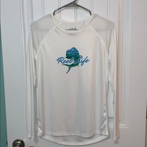 white long-sleeve ‘REEL LIFE’ shirt